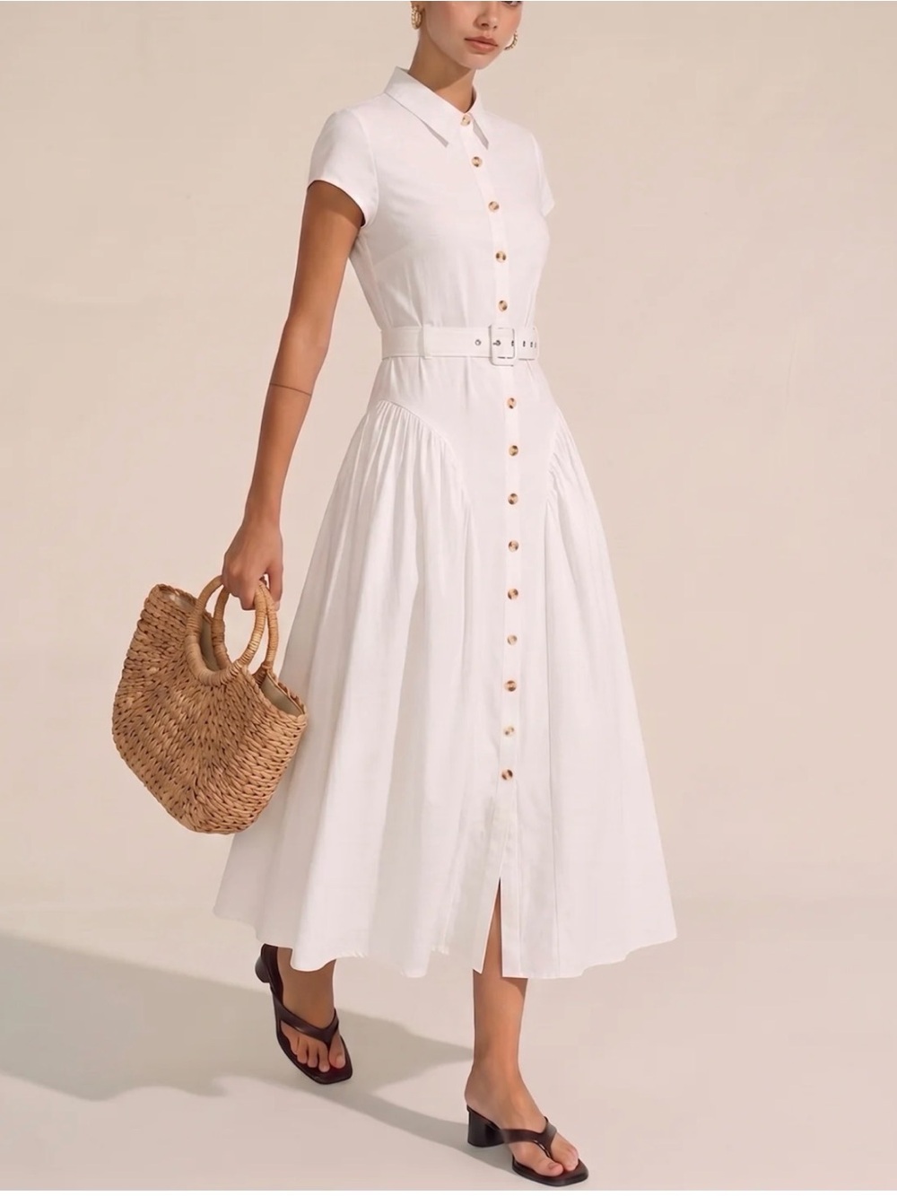 NWT Commense Belted White Button-Front Shirt Cotton-Blend Midi Dress